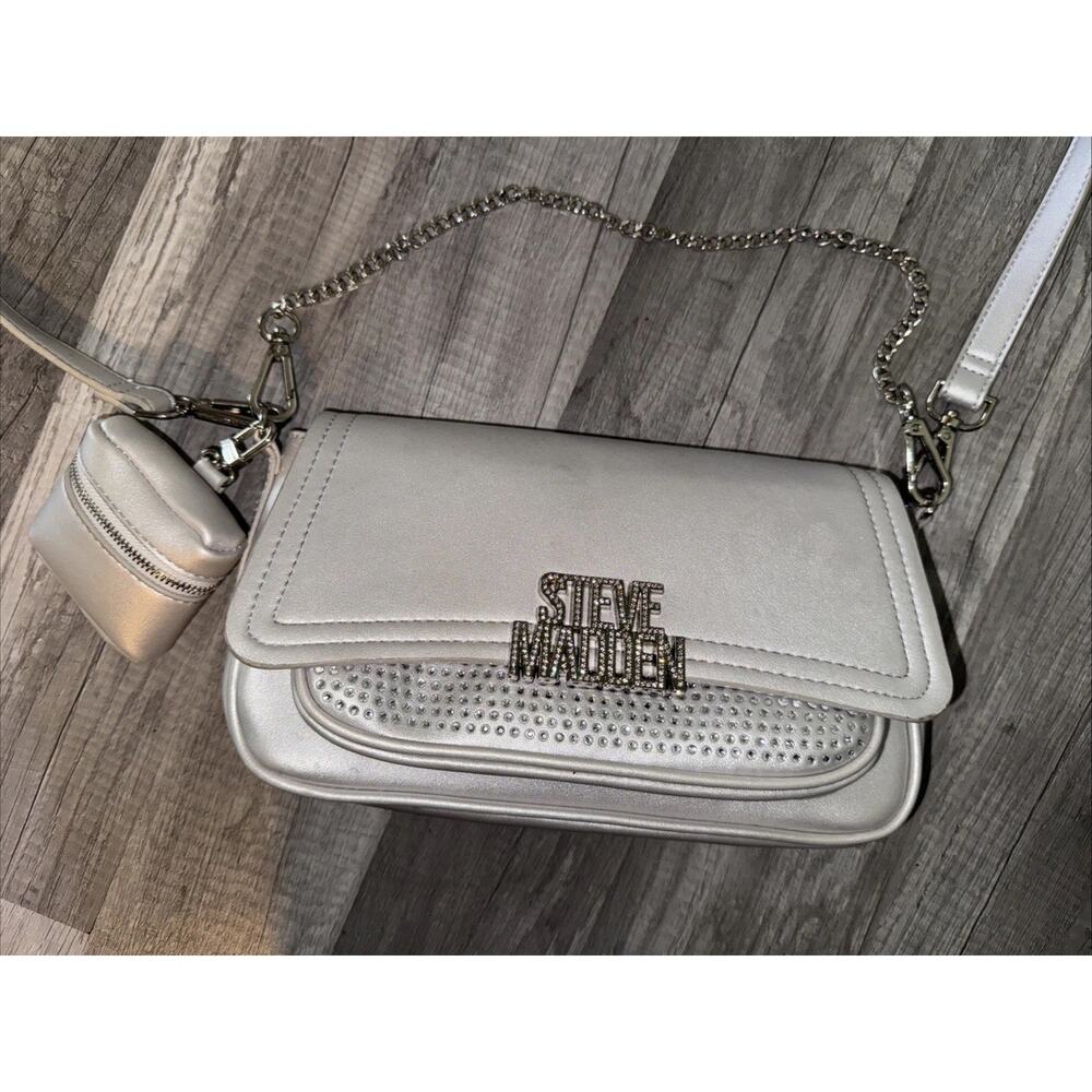 STEVE MADDEN BKloe Silver Rhinestone Crossbody Convertible Bag W/Pouch 2 Straps
